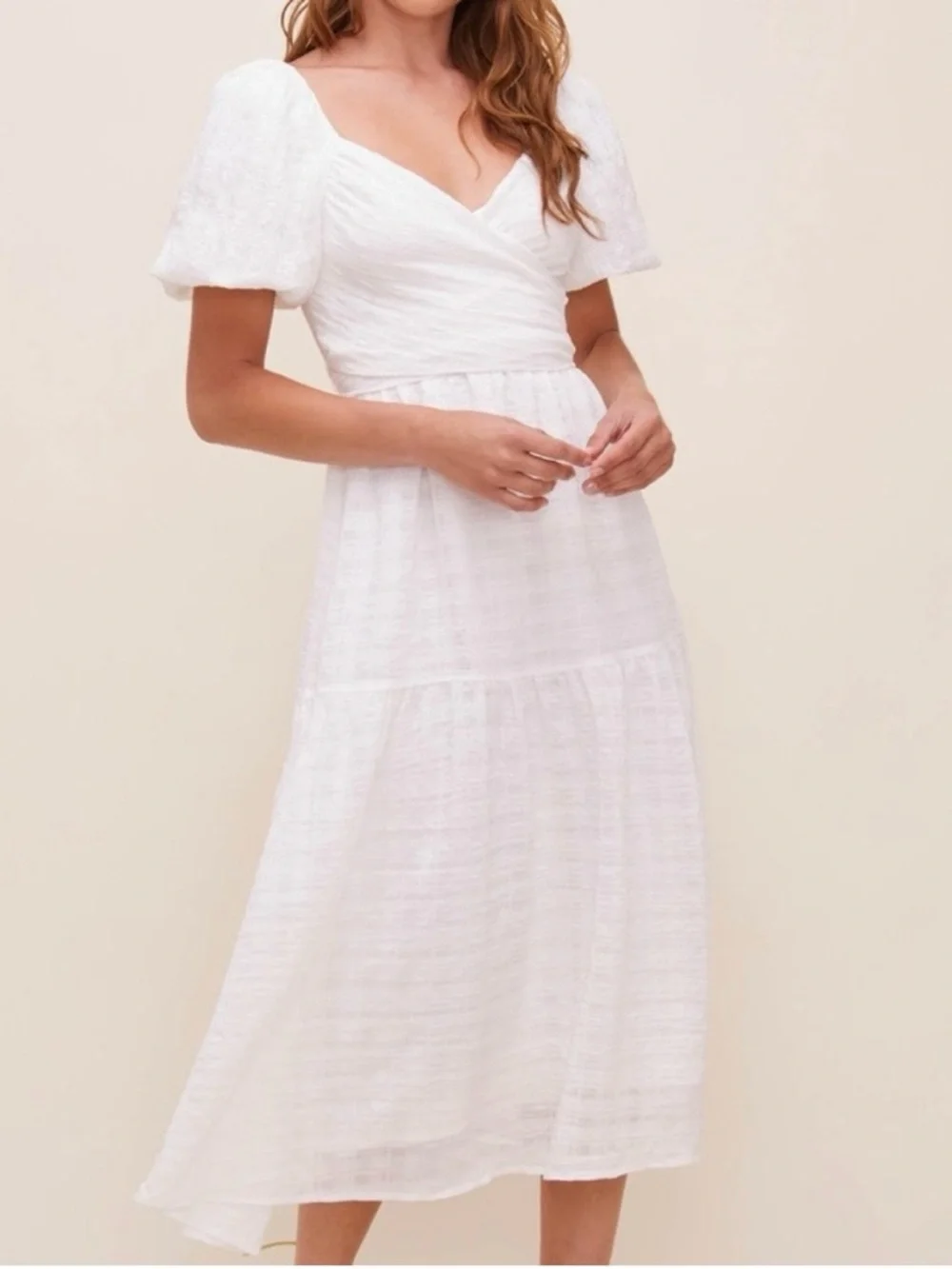 ASTR The Label White Puff Sleeve Midi Romantic Tiered Summer Dress, Square Neck - Picture 3 of 16
